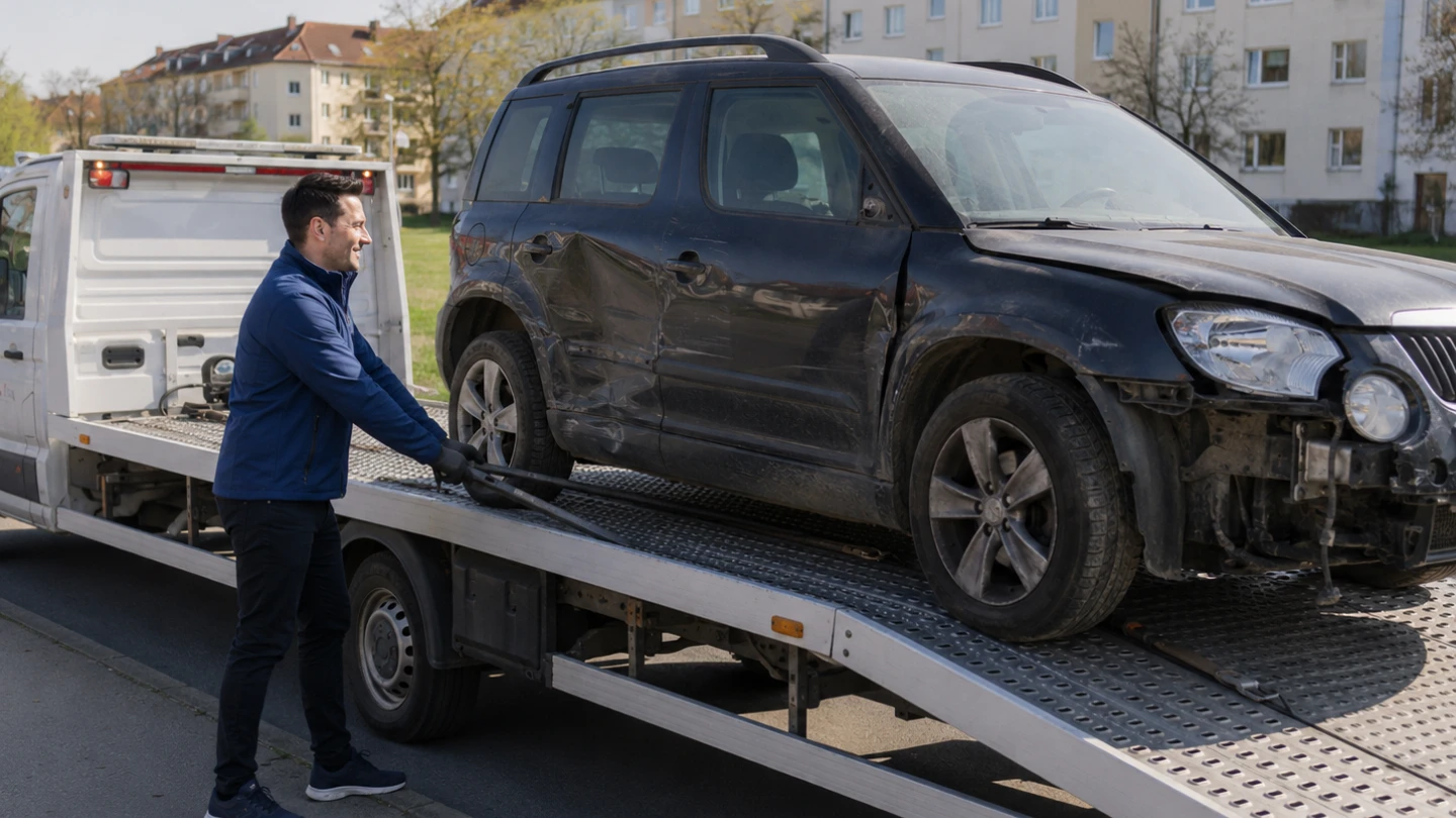Autohändler sichert Unfallwagen auf dem Autotransporter